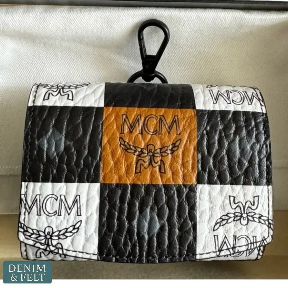 MCM Pet Litter Bag Holder Checkerboard Visetos Black White Cognac Logo - NEW/NIB